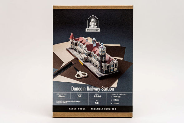 Realistic made to scale paper model of the Dunedin Railway Station. Assembly required. Made in Dunedin by The Timekeeper.