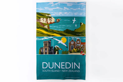 Tea towel features the print 'Dunedin' by local artist Andy Frampton. Depicting popular Dunedin attractions including Olveston, Larnach Castle, Tunnel Beach, and Dunedin wildlife. Exclusive -  100% cotton.