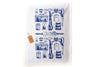 Tea towel features vintage kitchen implements from the Olveston kitchen and scullery, hand printed using eco-friendly inks. Created by local Dunedin artist and designer, Kate Watts. Blue Delft-style on 100% Cotton