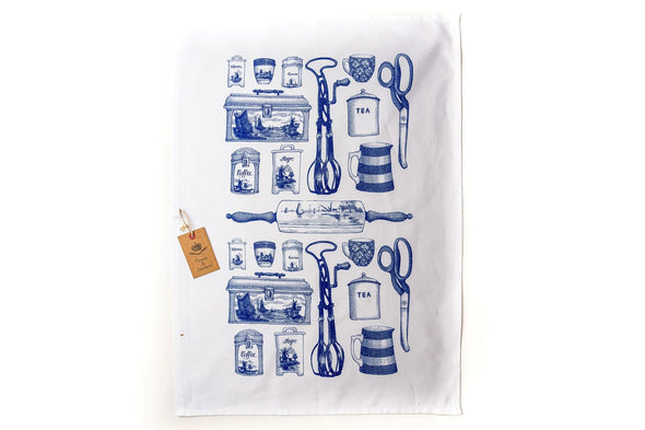 Tea towel features vintage kitchen implements from the Olveston kitchen and scullery, hand printed using eco-friendly inks. Created by local Dunedin artist and designer, Kate Watts. Blue Delft-style on 100% Cotton