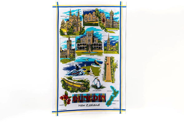 Tea towel features heritage and natural landmarks, including Dunedin's most popular visitor attractions. 100% cotton