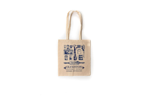 Tote bag features vintage kitchen implements from the Olveston kitchen and scullery, hand printed using eco-friendly inks. Created by local Dunedin artist and designer, Kate Watts. Blue Delft-style on 100% natural cotton